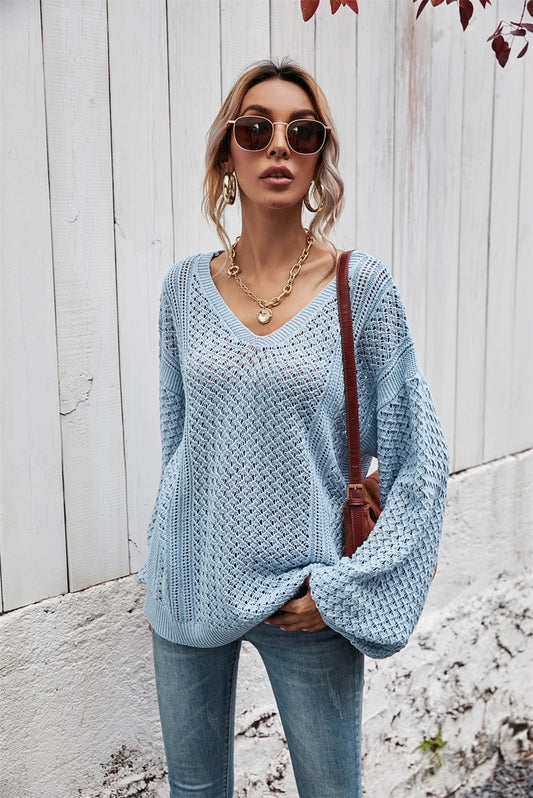 Open-Knit Slouchy Blue Sweater