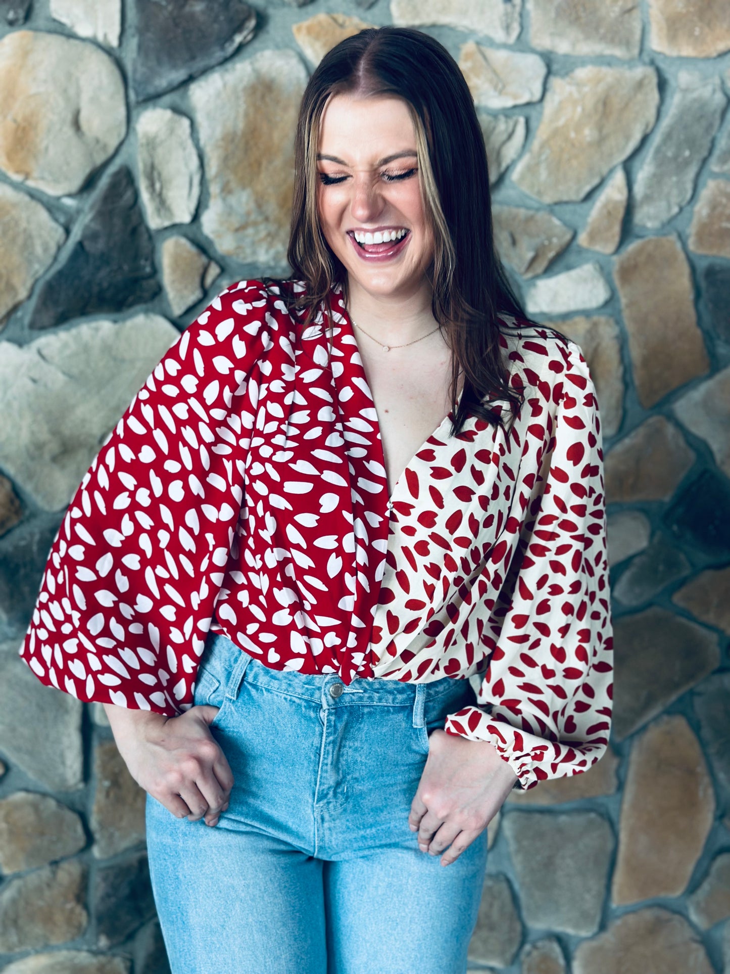 Red Color Block Balloon Sleeve Bodysuit