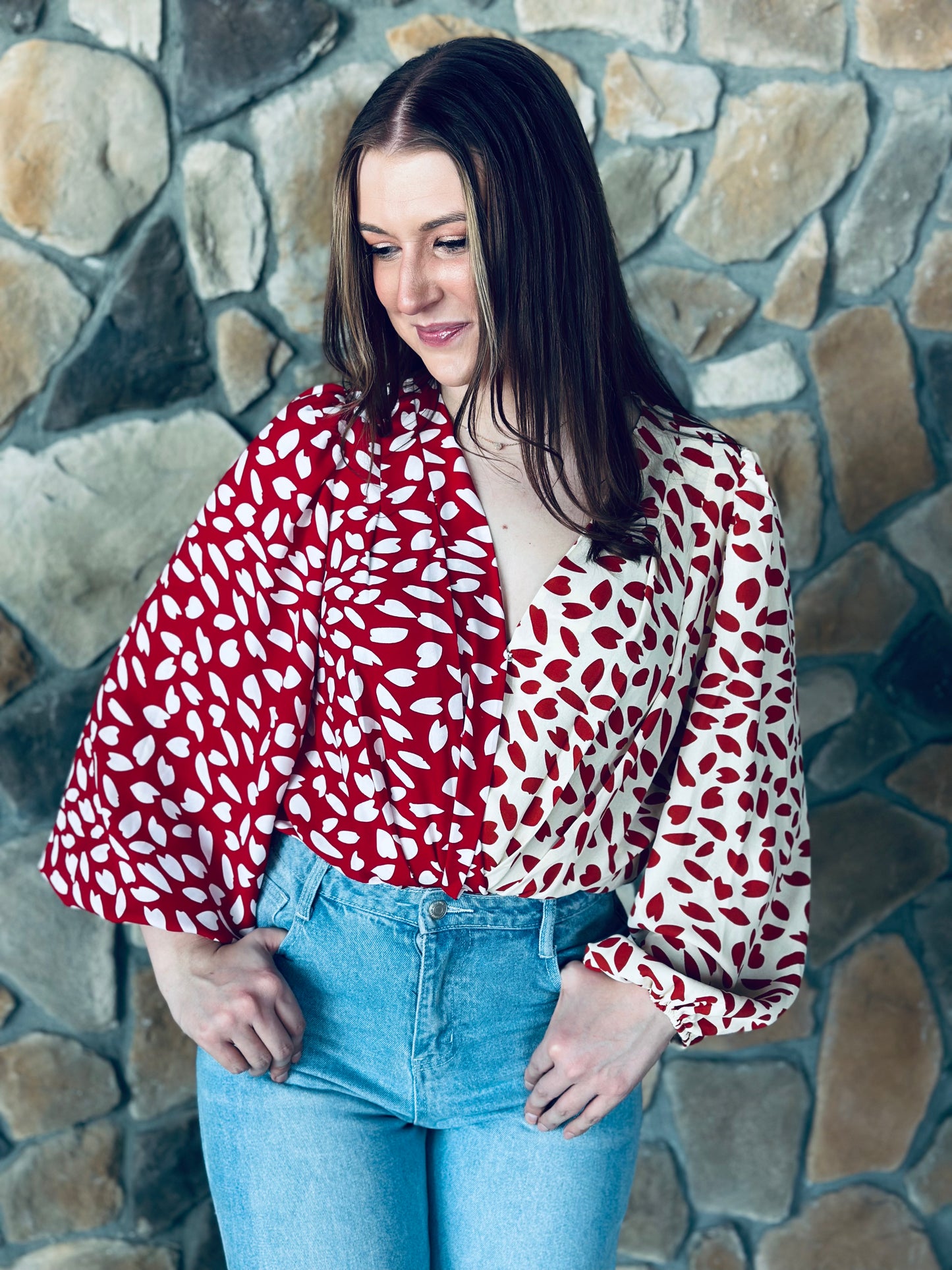 Red Color Block Balloon Sleeve Bodysuit
