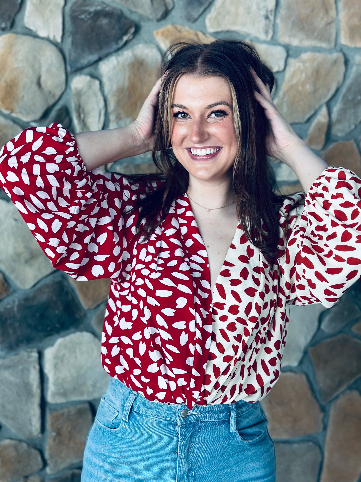Red Color Block Balloon Sleeve Bodysuit