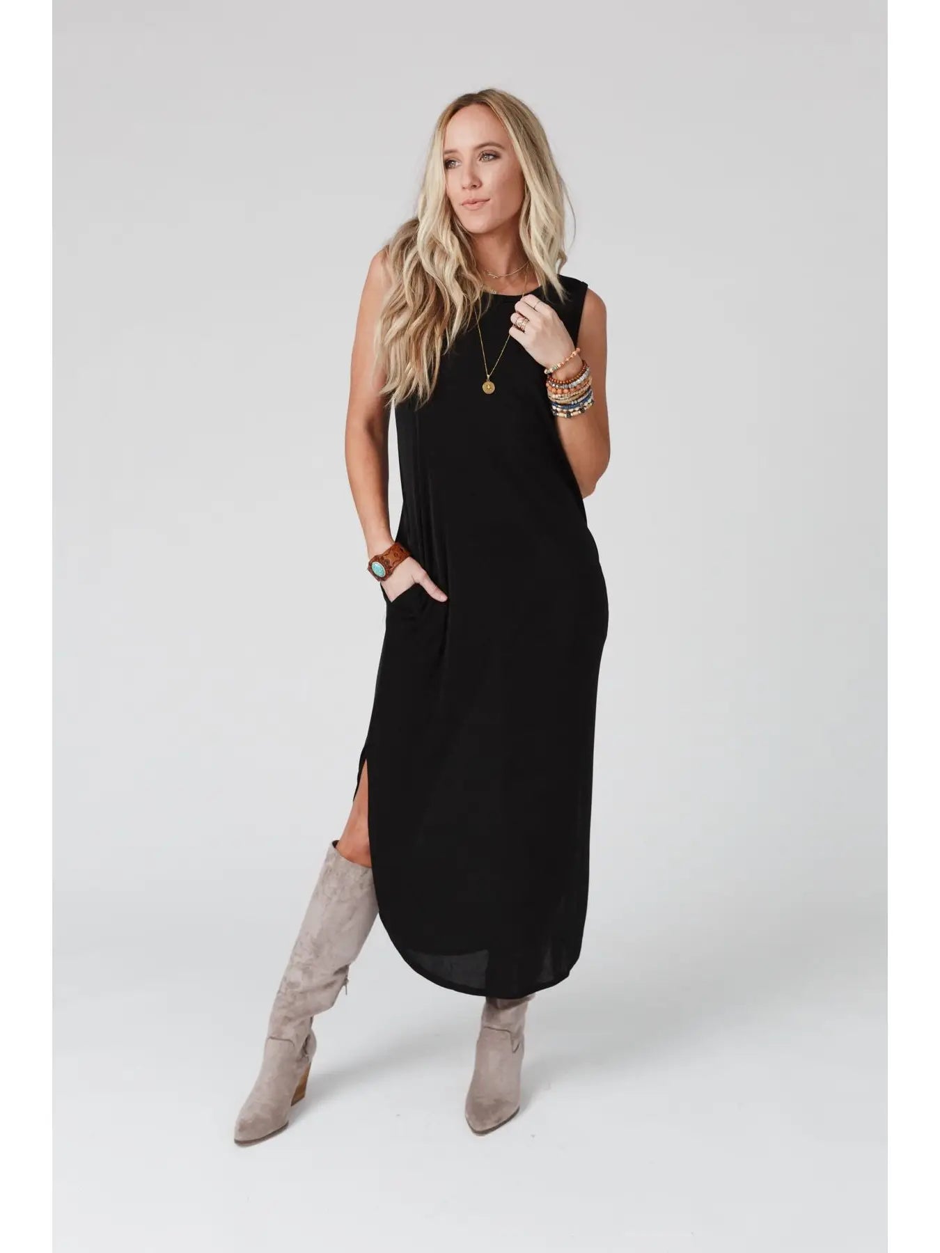 Sleeveless Pocket Slinky Maxi Dress