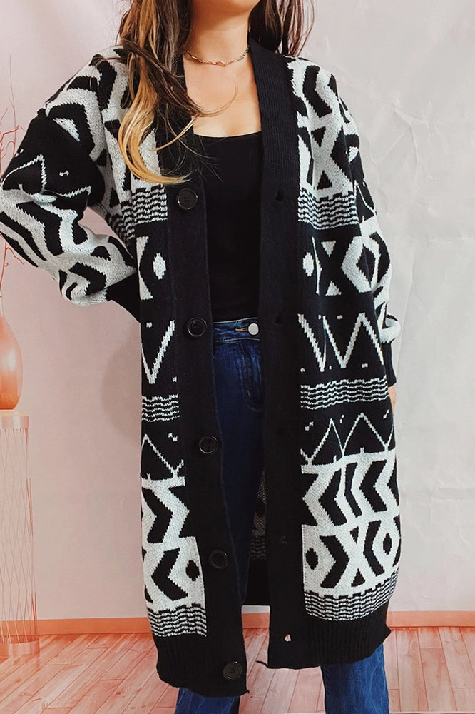 Geometric Knit Open Button Long Length Cardigan