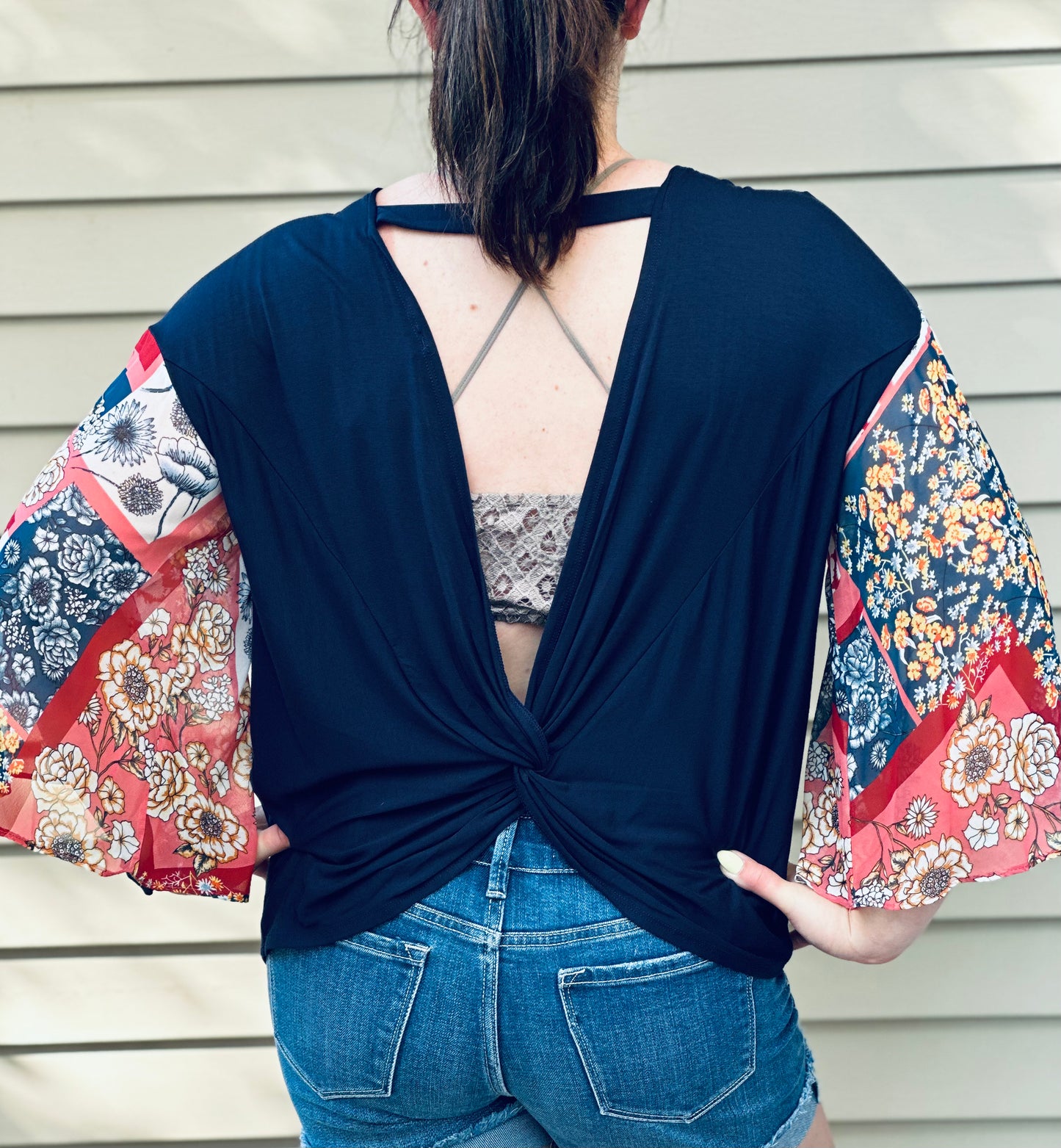 Open Twist Back Bell Sleeve Top
