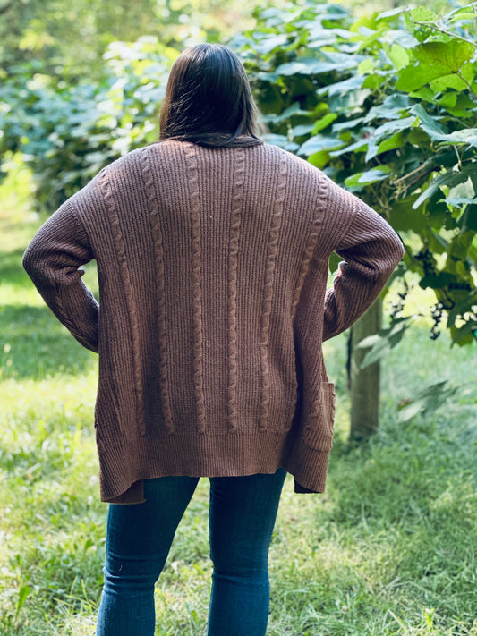 Brown Cable Knit Open Front Mid Lengh Cardigan