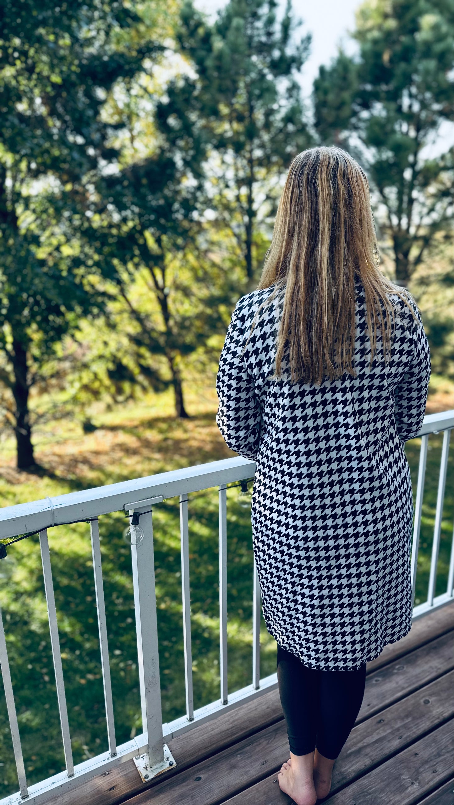 Houndstooth Print Long Tweed Coat