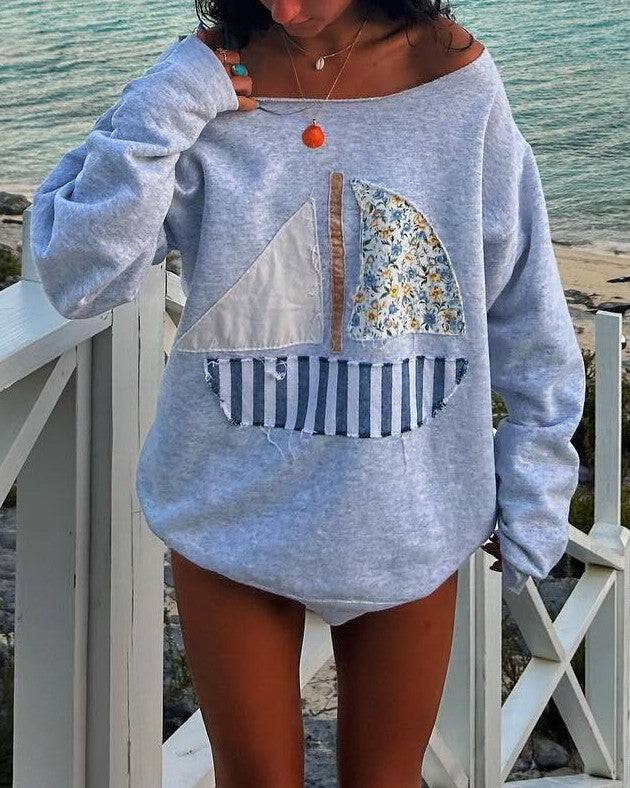 Long Sleeve Top with Sailboat Applique